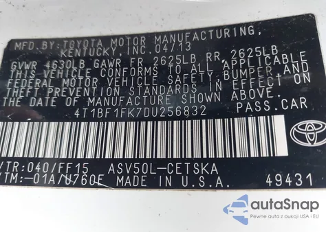 2013 Toyota Camry Se from USA, damaged, VIN 4T1BF1FK7DU256832